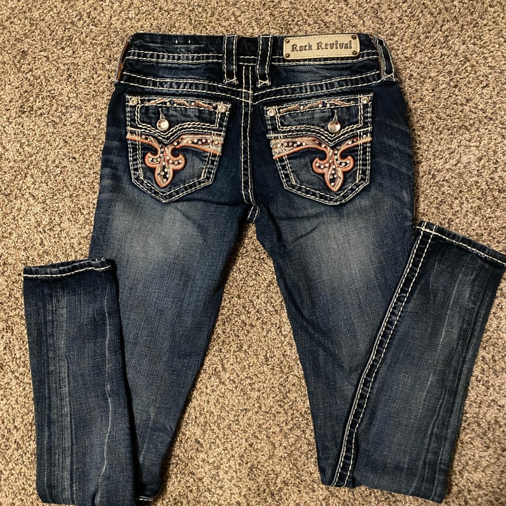 Rock Revival Women’s Dark Blue Skinny Jeans with Embellished Back Pockets 26